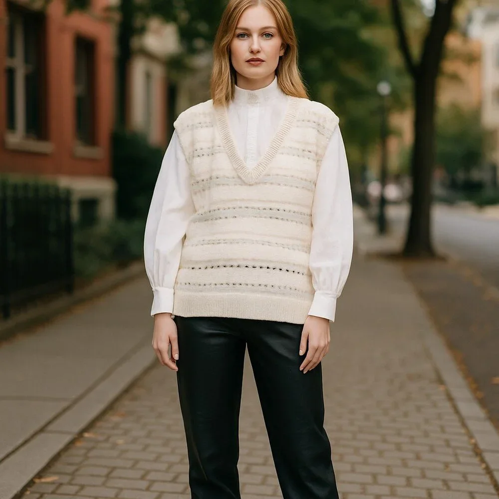 NWT ZARA COMBINATION POINTELLE VEST Sweater Top Super Oversize M Ivory